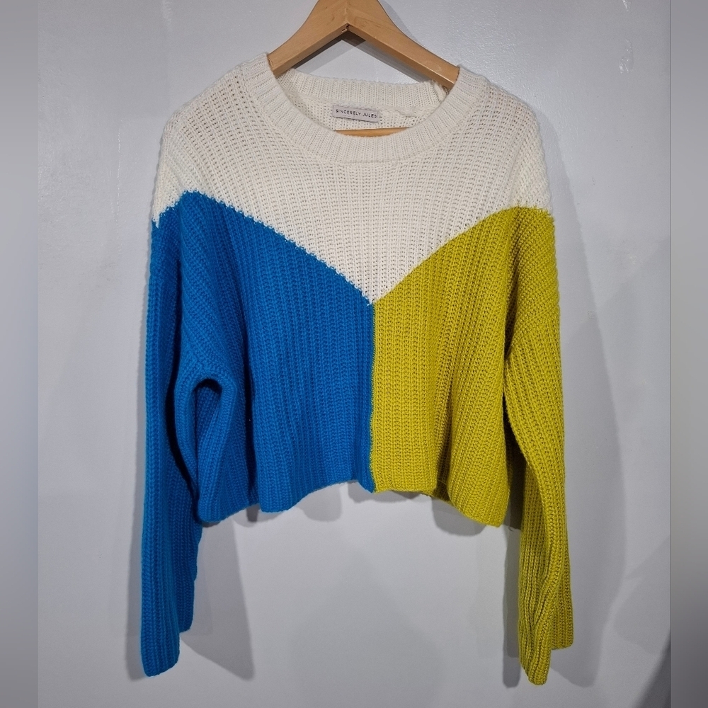 Sincerely Jules Color Block Cropped Knit Sweater Oversize See Measures